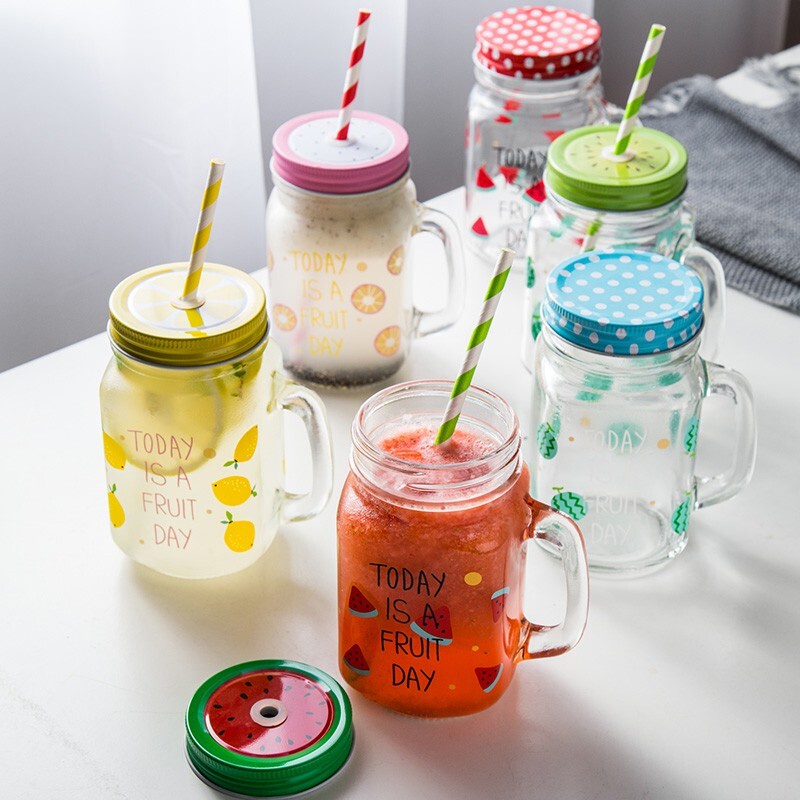 Gelas Kaca Pakai Tutup & Sedotan 450 ML Gelas Cafe