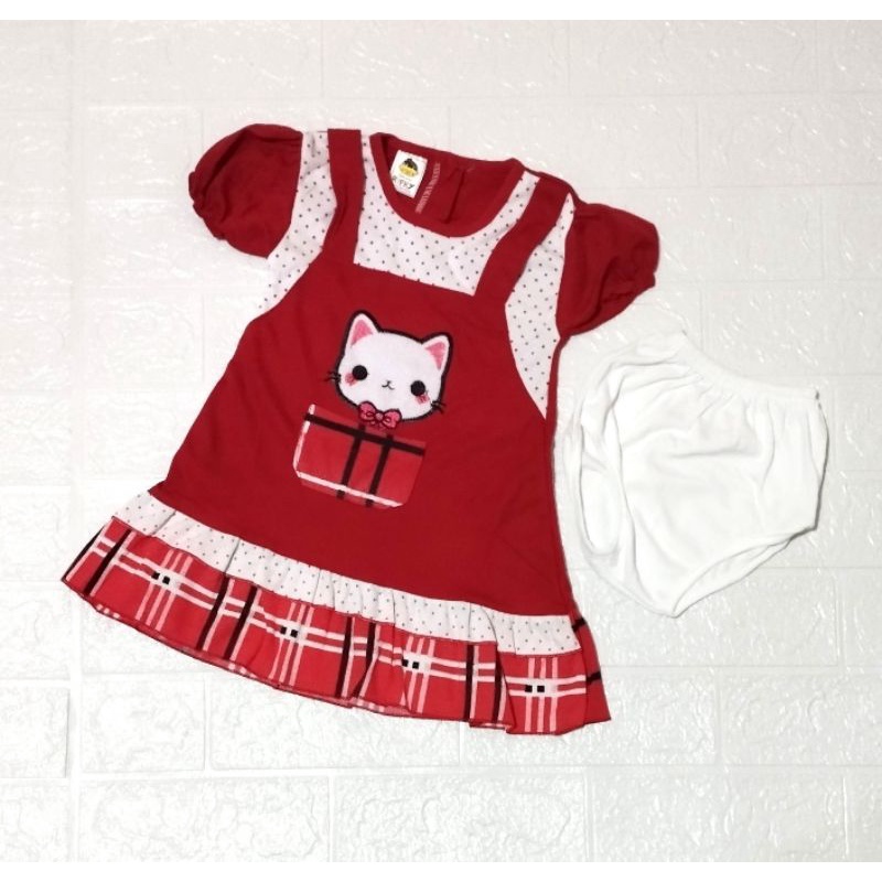 Dress Bayi Motif Kucing Saku// Dress Bayi 3bln Kucing Saku