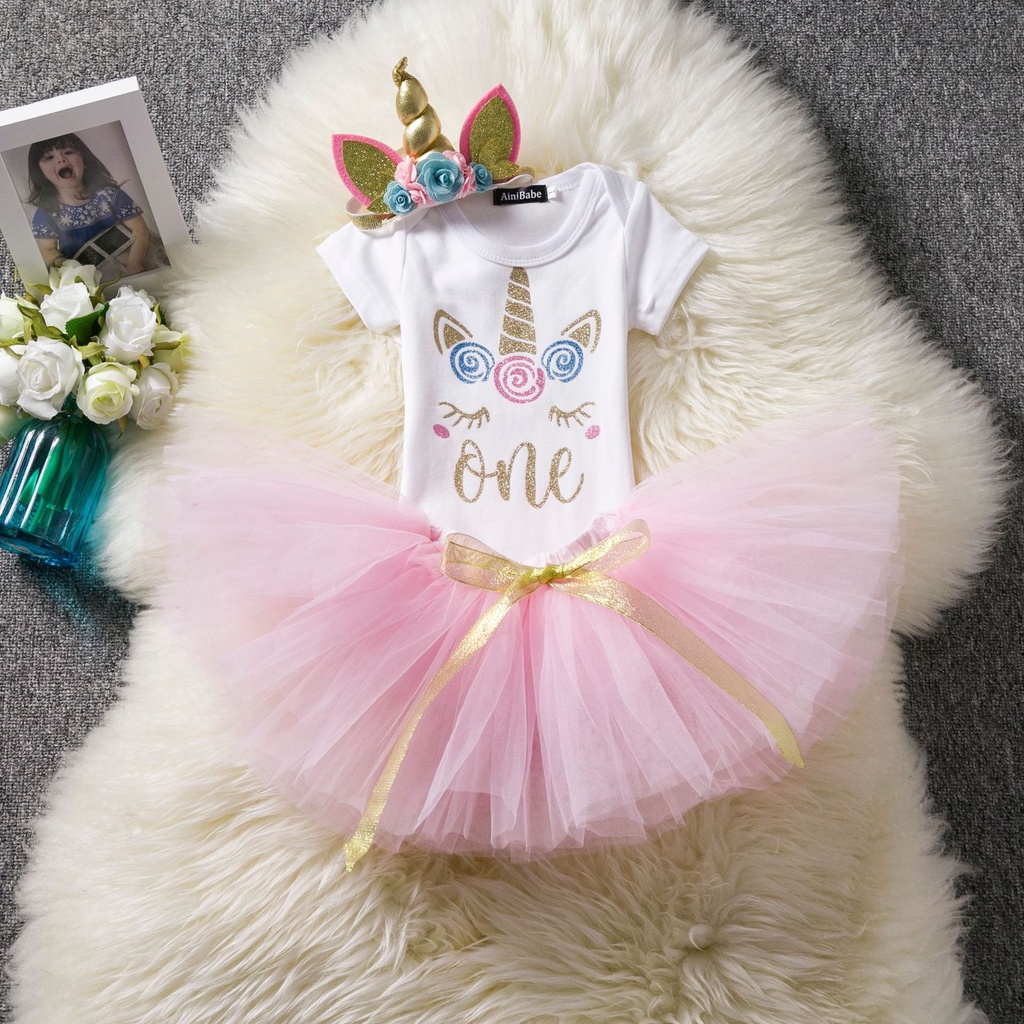 Romper bayi perempuan 1 thn/Setelan romper unicorn ulang tahun import