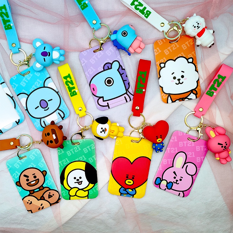 Kpop Bts Bt21 Gantungan Kunci Tali dengan ID Pemegang Kartu Pendek 3D Gantungan Kunci Anti-Lost Sling untuk Kartu Lengan kunci Aksesoris untuk Hadiah Fashion