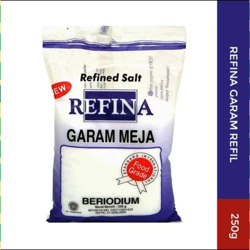 

REFINA GARAM MEJA BERYODIUM 250GR KEMASAN PLASTIK UNTUK MASAKAN DLL