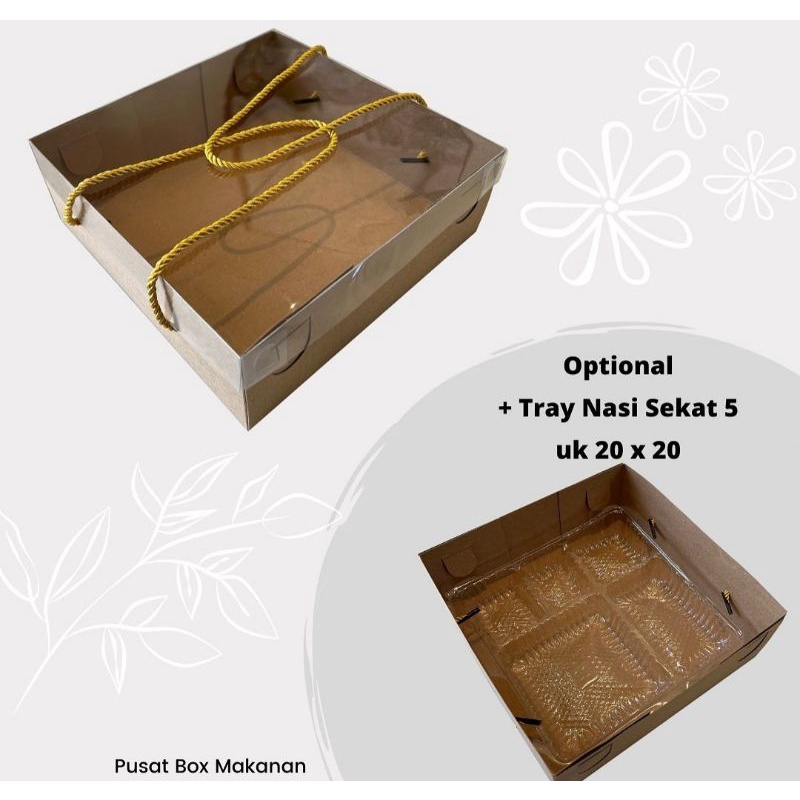 Promo!! Dus Box Nasi Uk. 20 x 20 x 7 Model Badan Tutup Mika dan Tali