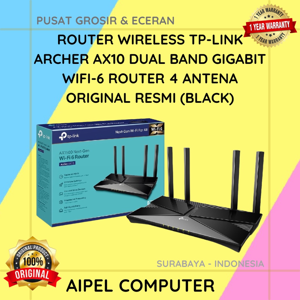 AX10 | ROUTER WIRELESS TP-LINK ARCHER AX10 DUAL BAND GIGABIT WIFI-6 ROUTER 4 ANTENA ORIGINAL RESMI (BLACK)