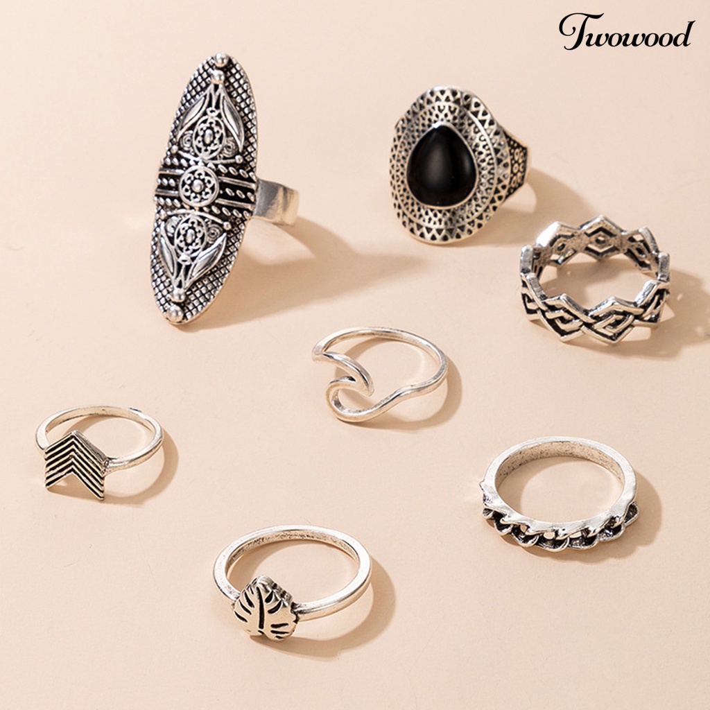 Set 7 Pcs Perhiasan Cincin Wanita Gaya Bohemian Anti Tarnish Geometric Aksen Permata Imitasi Untuk Pesta