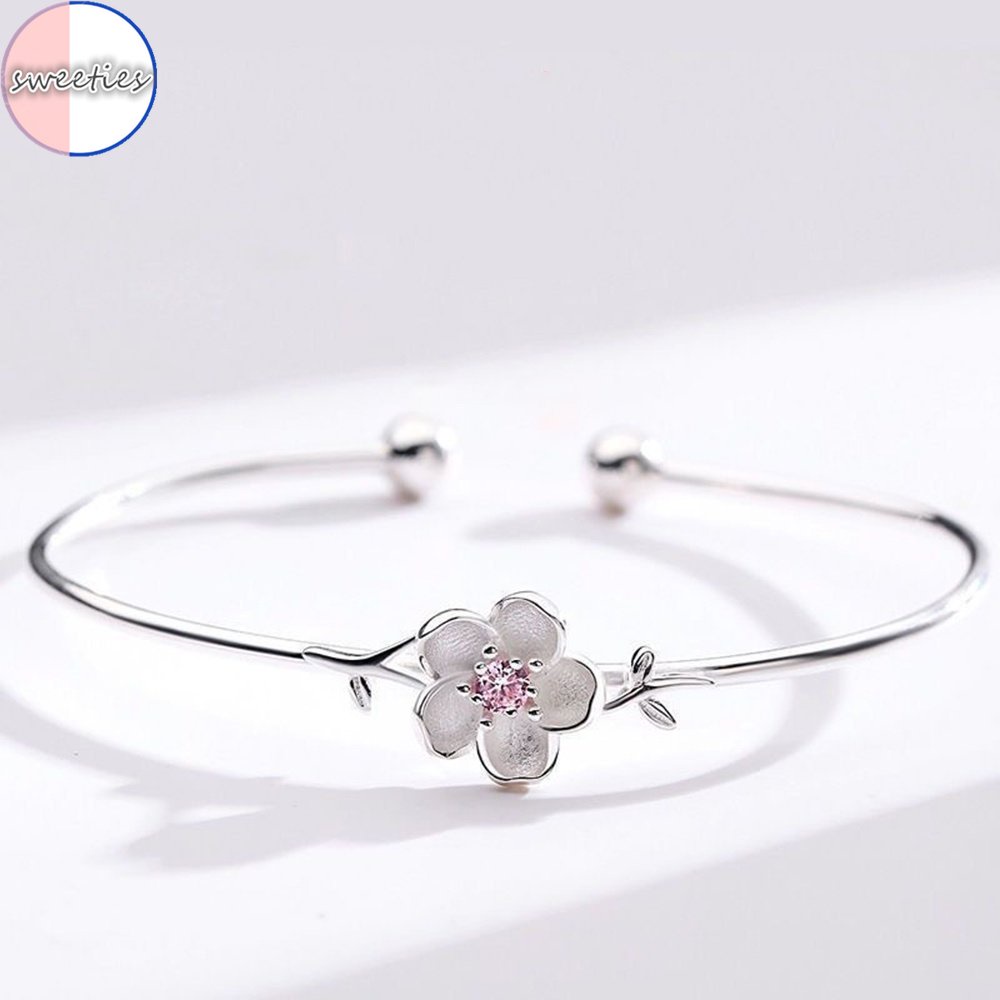 Gelang Model Terbuka Desain Bunga Sakura Warna Putih Gaya Korea Untuk Wanita