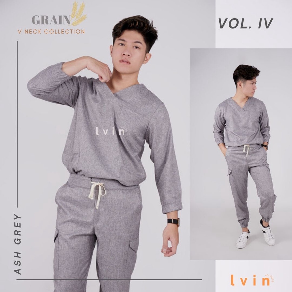 [ Lvin ] Vol IV - Denim 01 - Baju OKA Lengan Panjang Karet  Celana Joger / Baju oka joger / Baju Oka V neck / Baju Jaga / Set Baju Celana Jaga Oka / Dokter Lengan Panjang/ Baju OK two tone
