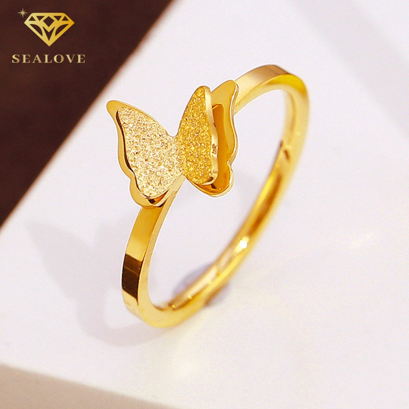 Cincin Titanium Asli Wanita Anti Karat Berlian Kupu cicin Lapis Emas 18K Aksesoris perhiasan korea