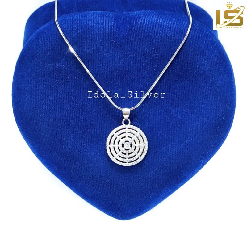 KALUNG PERAK ASLI SILVER 925 LAPIS EMAS PUTIH MODEL LIONTIN BULAT PERMATA KELILING - PERHIASAN PERAK WANITA ASLI