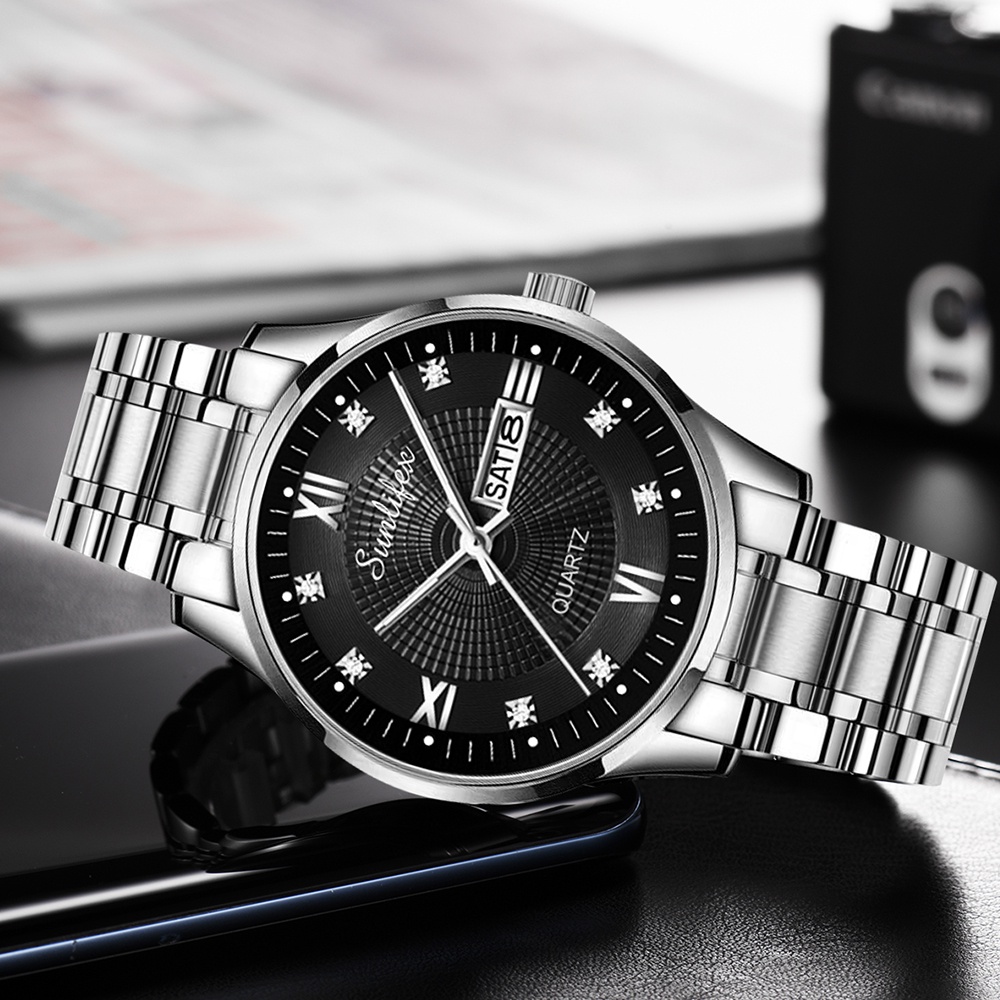 Sunlifex Jam Tangan Pria Original Kuarsa Tali Stainless Steel Calendar Mewah Mode Pria Jam Tangan Cowok Anti Air-8