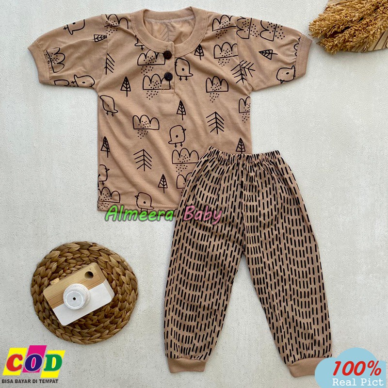 Setelan Baju Bayi Piyama Bayi Lengan Pendek Celana Panjang Kancing Depan Usia 3-12 Bulan Almeera Baby and Kids