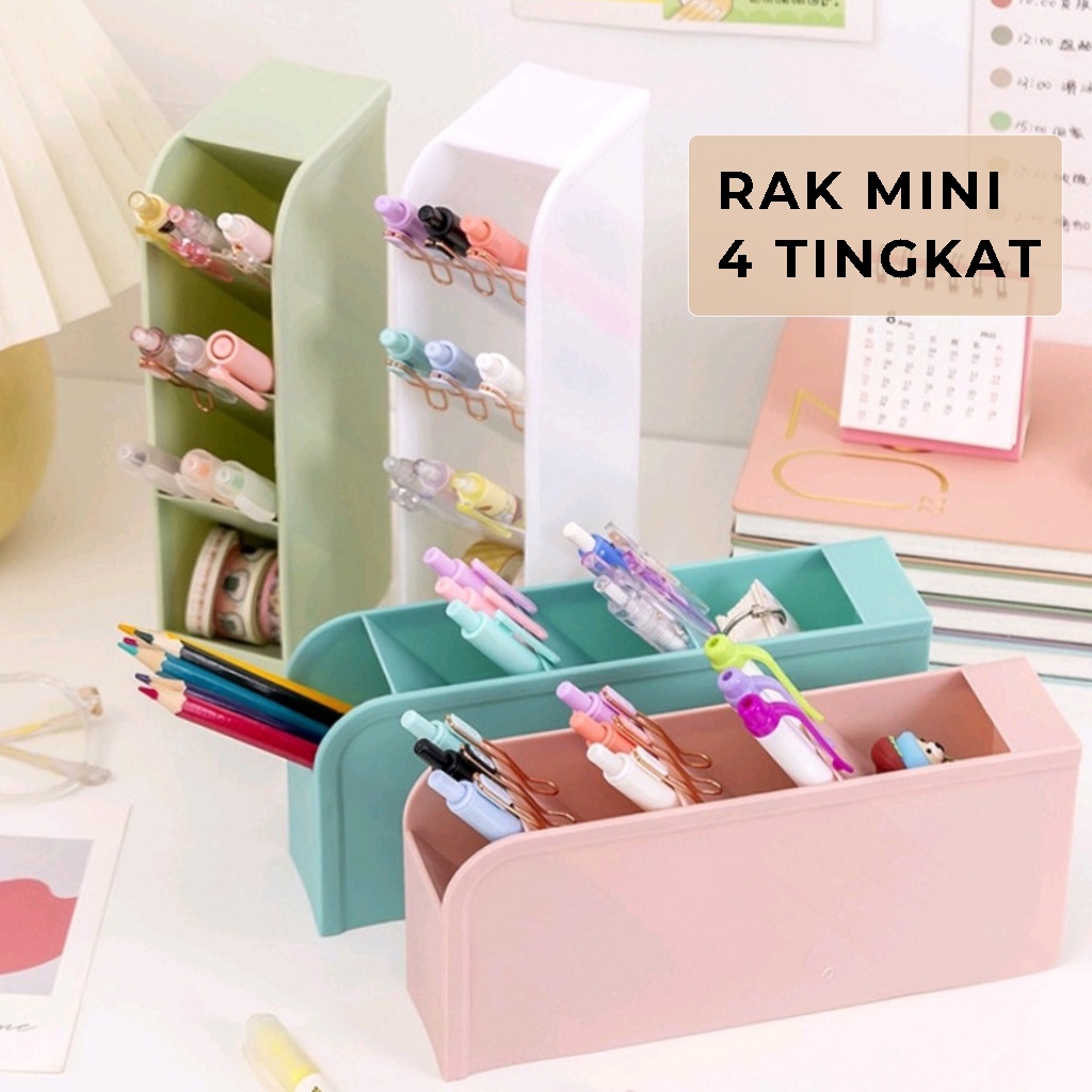 Rak Pensil Mini 4 Sekat Wadah Tempat Alat Tulis Storage Box Pulpen Spidol Kotak Penyimpanan Pencil Pena Gunting Lain Nya Rapi Anti Slip | GROSIRXPRESS