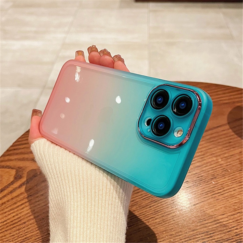 IPHONE Juji Casing Lensa Perlindungan Kamera Metal Mewah Untuk Iphone14 Pro Max Plus Case Iphone13 12 11 Pro Max Bergaya Dua Warna Gradasi Transparan Shockproof TPU Soft Case