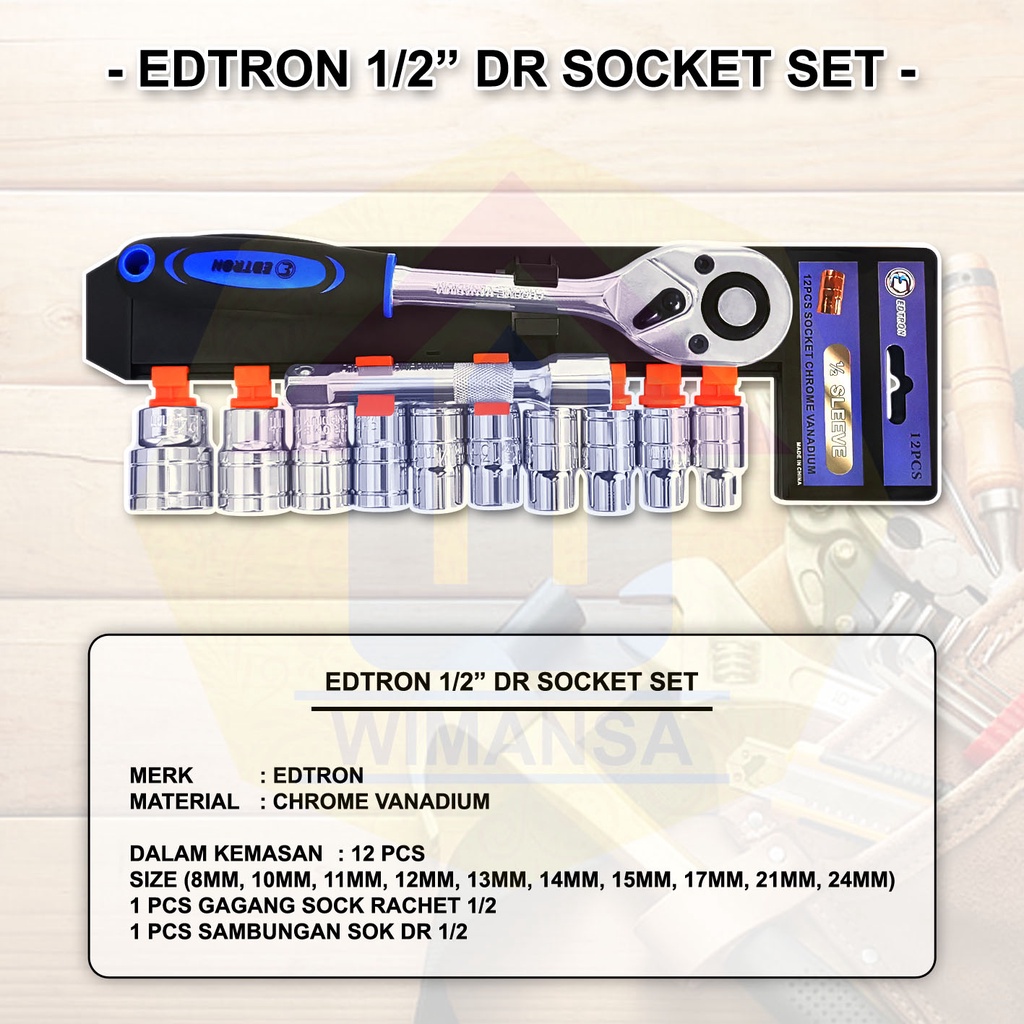 EDTRON 1/2 INCH DR SOCKET SET CHROME VANADIUM - KUNCI SOCK RACHET SET