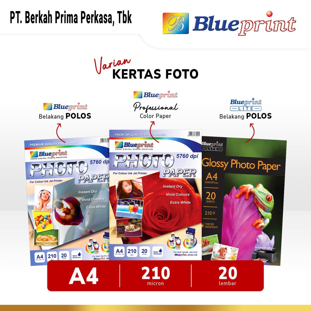 

Kertas Foto A4 BLUEPRINT Glossy Photo Paper 210 Micron VARIAN