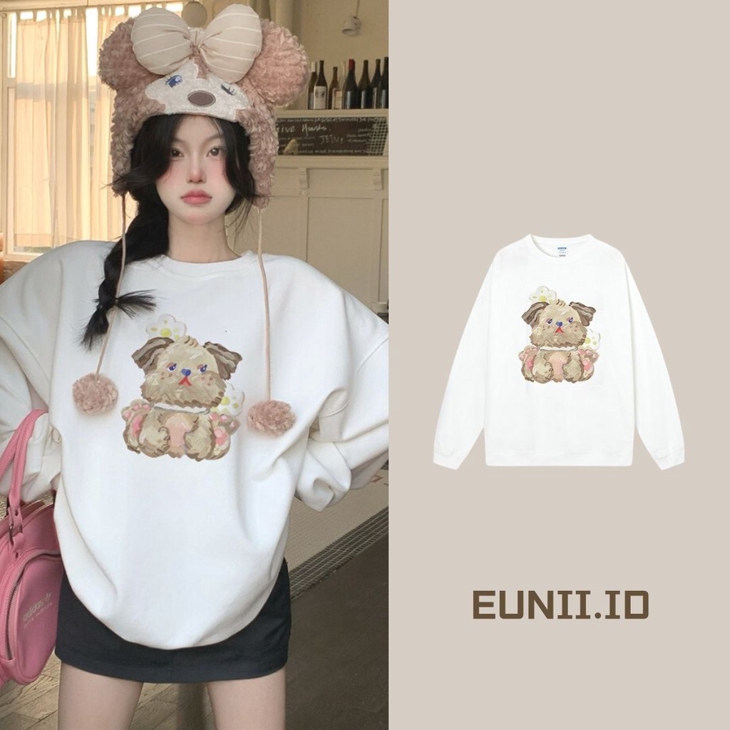 EUNII Sweater Lengan Panjang Cute Oil Painting Bear Korean Style/Hoodie Oversize/Baju Wanita/Switer Wanita