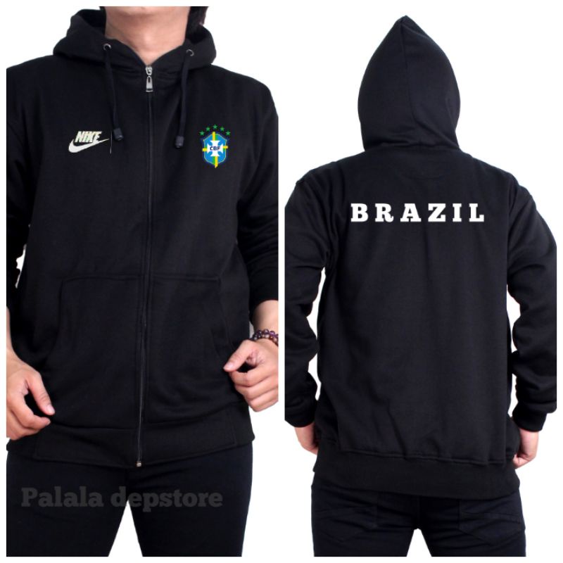 Jaket Timnas Brazil-Hoodie Zipper Brazil Premium Tulisan Belakang-Jaket Bola Distro