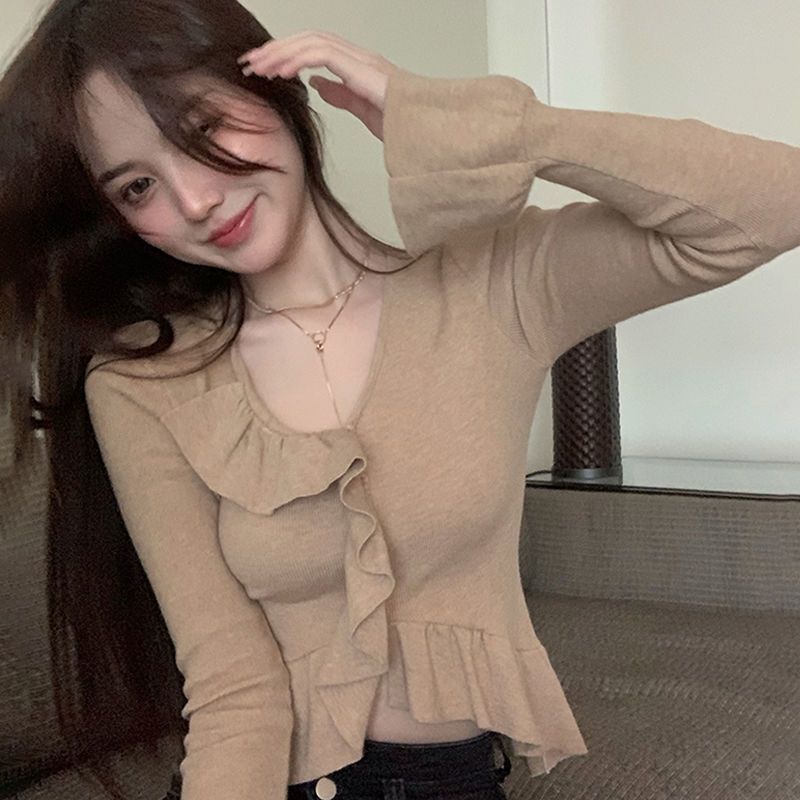 Red Desain rasa ceruk daun teratai sweater lengan lonceng wanita musim semi dan musim gugur lemak mm ukuran besar tidak teratur atasan lengan panjang bottoming