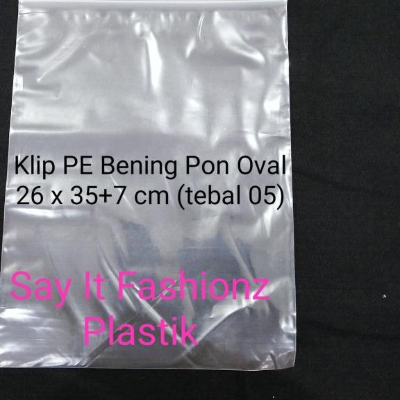 

Plastik Klip Pon Oval PE Bening 26x35+7cm tebal 05 (isi 100 lembar)