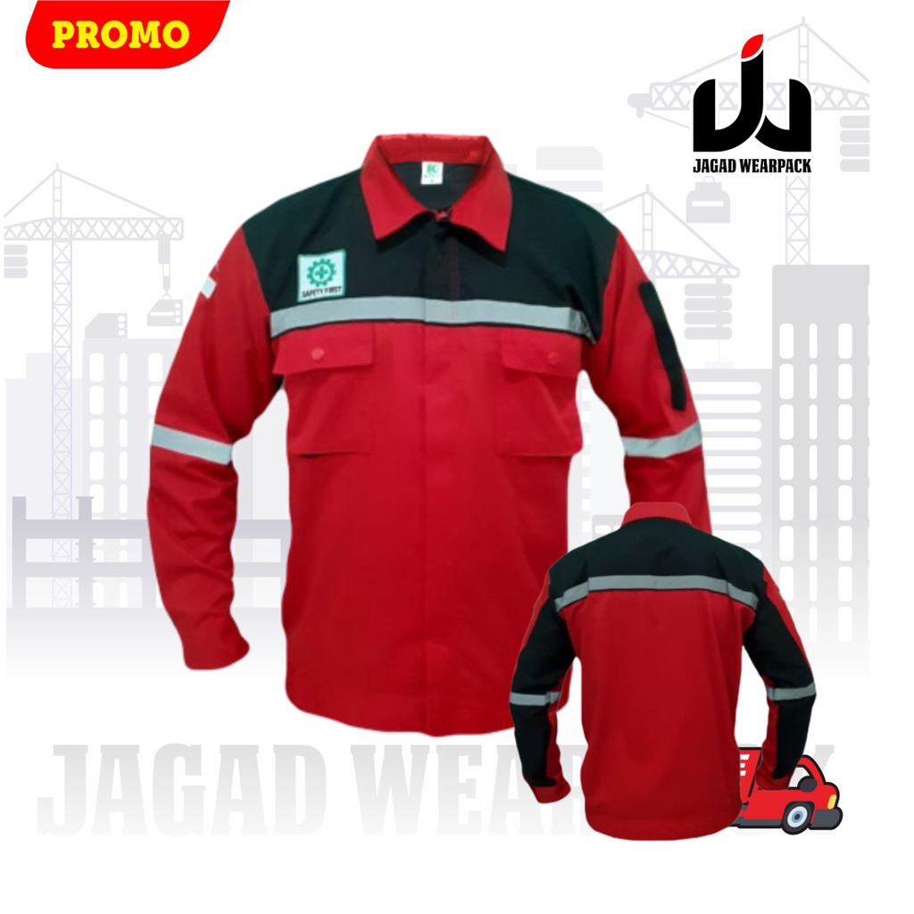 Wearpack Safety Katelpak Atasan Kemeja Kerja Potongan Lengan Panjang Baju Kerja MERAH HITAM