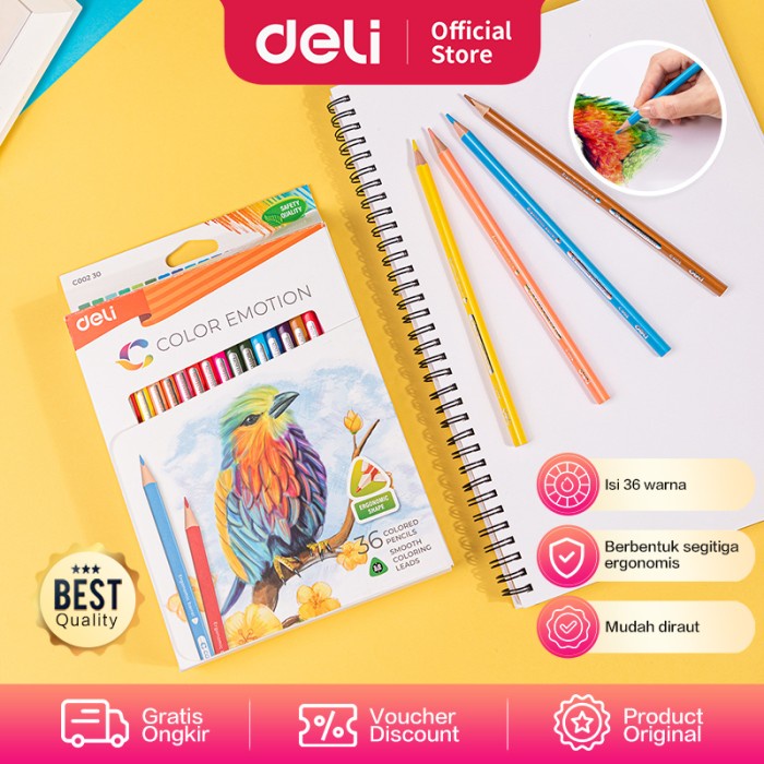 

[COD AKTIF] DELI Colored Pencil Triangle Soft Basswood Rich 36C [EC00230] - Pensil