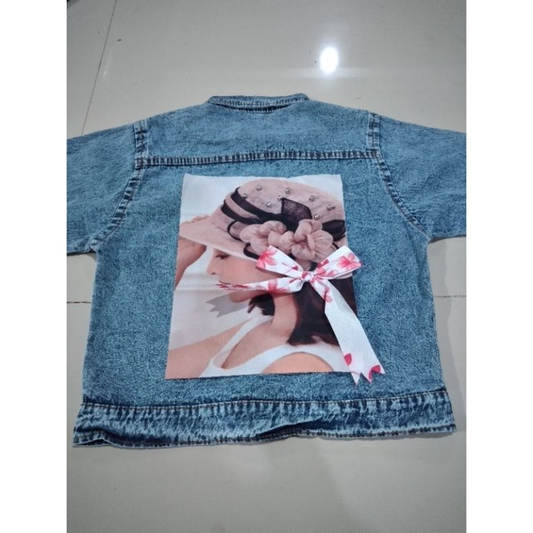 jaket jeans anak perempuan dan laki laki usia 1 - 8 tahun, variasi polos, pita, labubu, beruang dan kucing