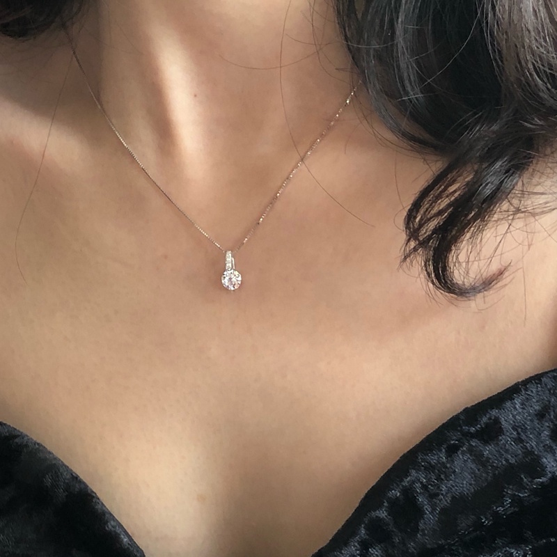 Roselife Kalung Choker Rantai Silver Minimalis Liontin Geometri Bulat Hias Kristal Zircon Untuk Wanita