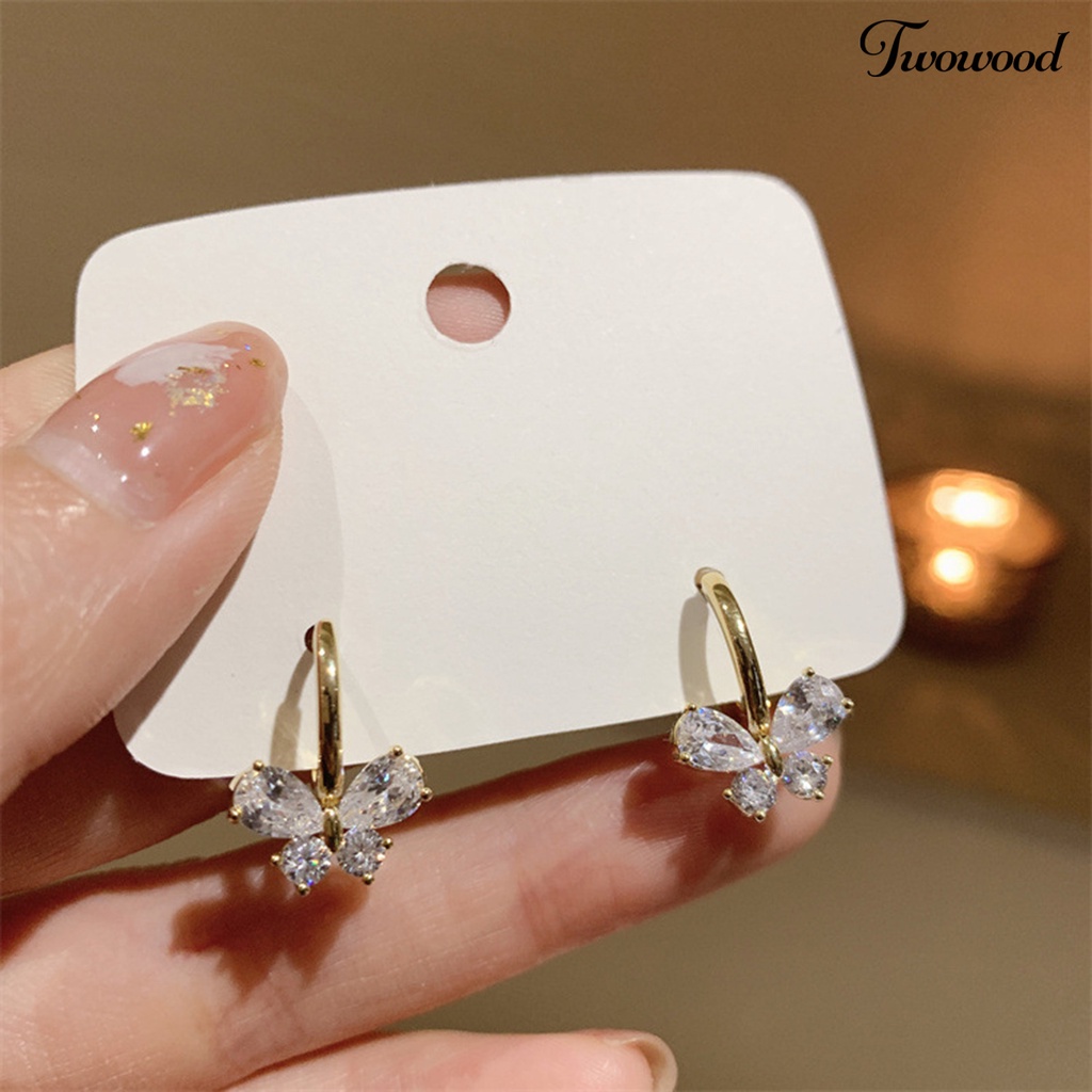 1 Pasang Anting Hoop Cubic Zirconia Bentuk Kupu-Kupu Geometris Electroplating Untuk Wanita