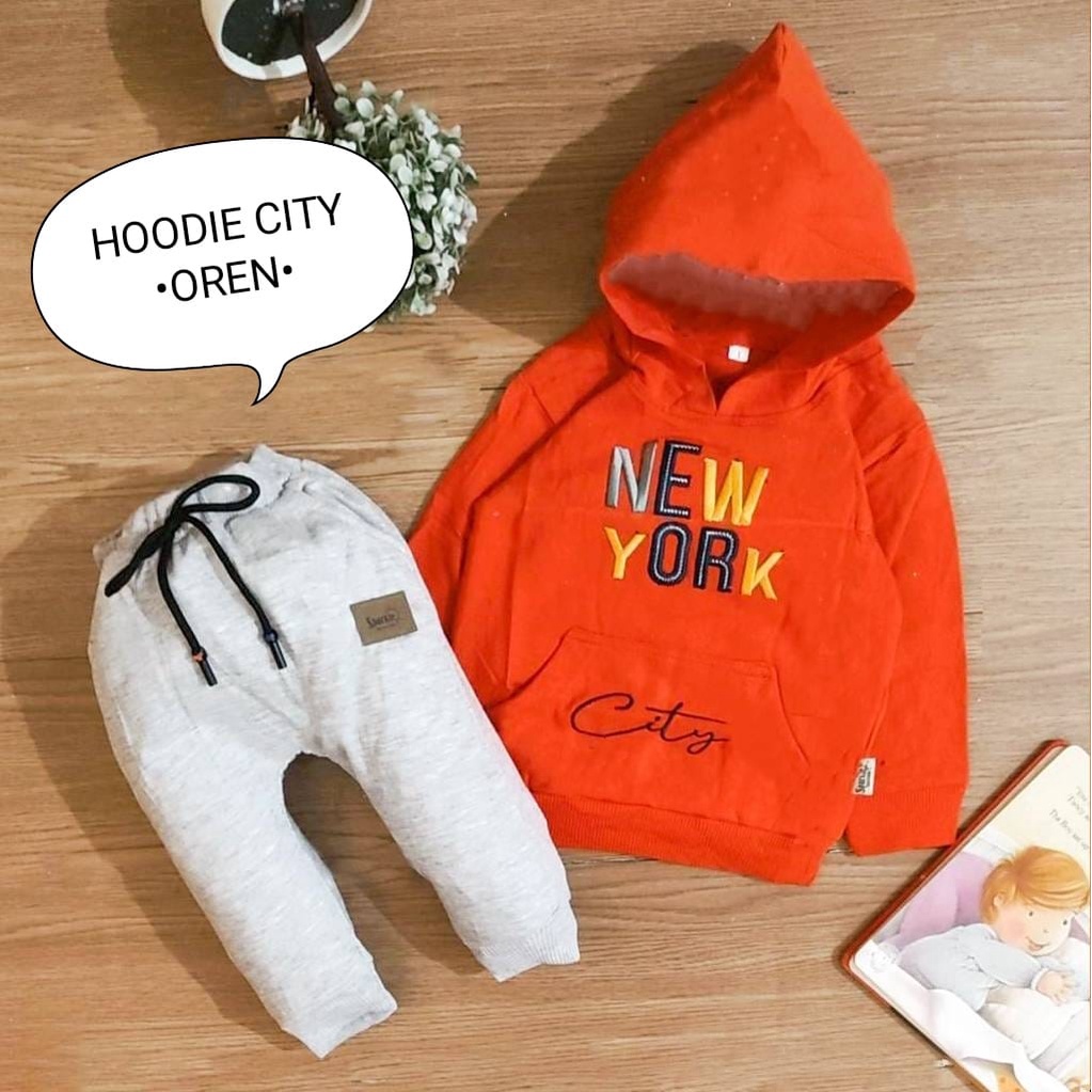 Setelan Baju Anak Bayi Laki-Laki Set Panjang Celana Panjang Model Hoodie Sweater Celana Joger Motif Bear USA City