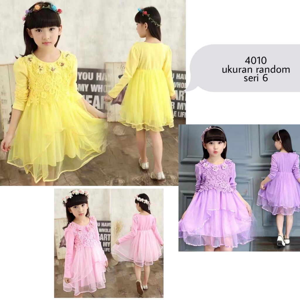 Gaun Anak Perempuan Kombinasi Tile & Brukat Baju Dress Anak Perempuan Warna Cerah ( 4010 )