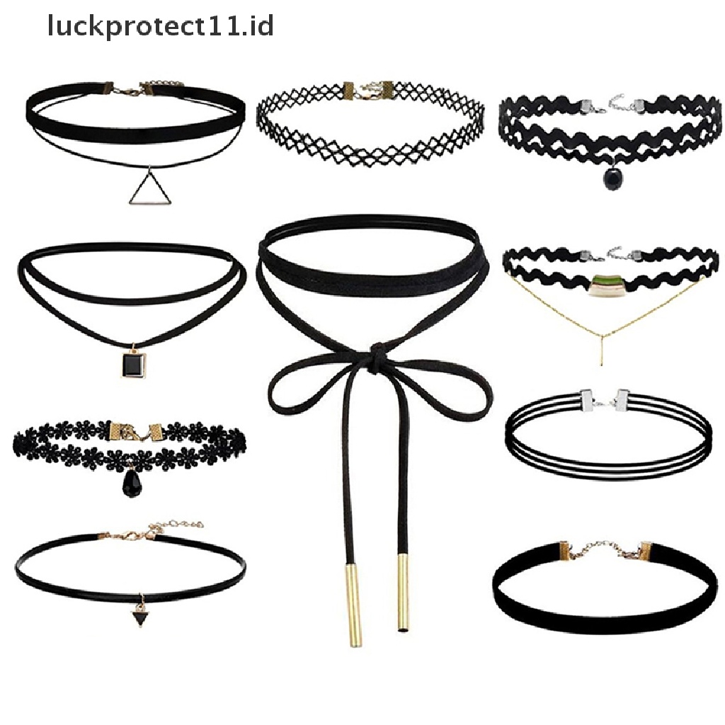 10pcs Kalung Choker Bahan Velvet Stretch Warna Hitam Gaya Klasik Gothic