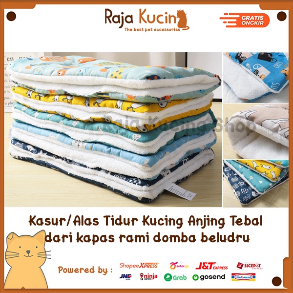 Kasur/Alas tidur kucing anjing tebal motif lucu dengan tali dari kapas rami domba beludru