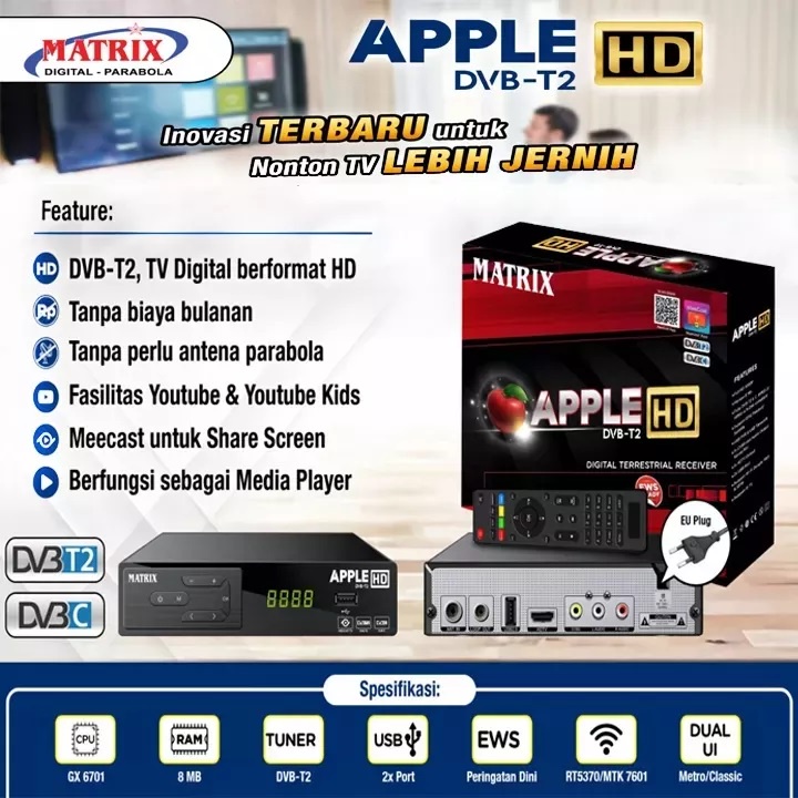 Set Top Box Matrix Apple TV Digital DVB T2 Receiver TV Full HD Gambar Lebih Jernih / STB TV Digital Welhome / Evercross / Sanex