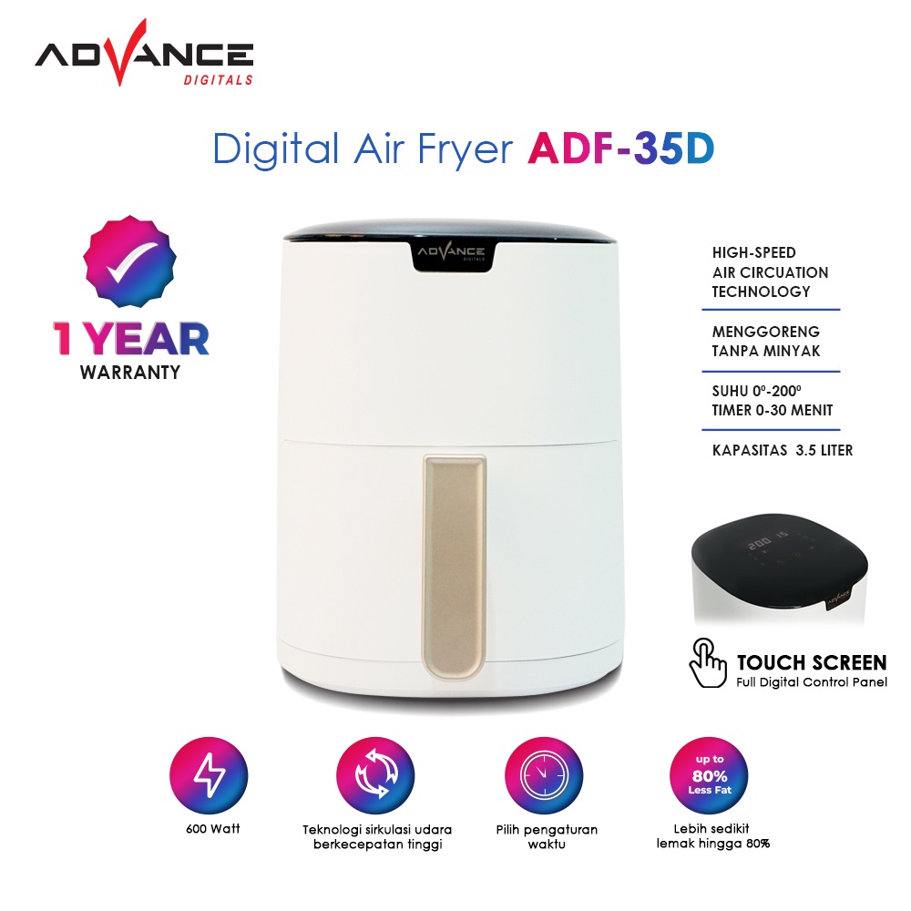 ADVANCE Electric Air Fryer 3.5L 600 Watt Touch Control Penggorengan Udara ADF-35D