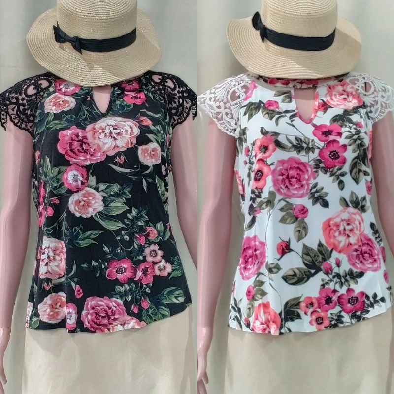 Atasan Kaos Wanita Motif Bunga mix lengan Brukat Original Product | Blouse Full Motif Bunga Bahan Ka