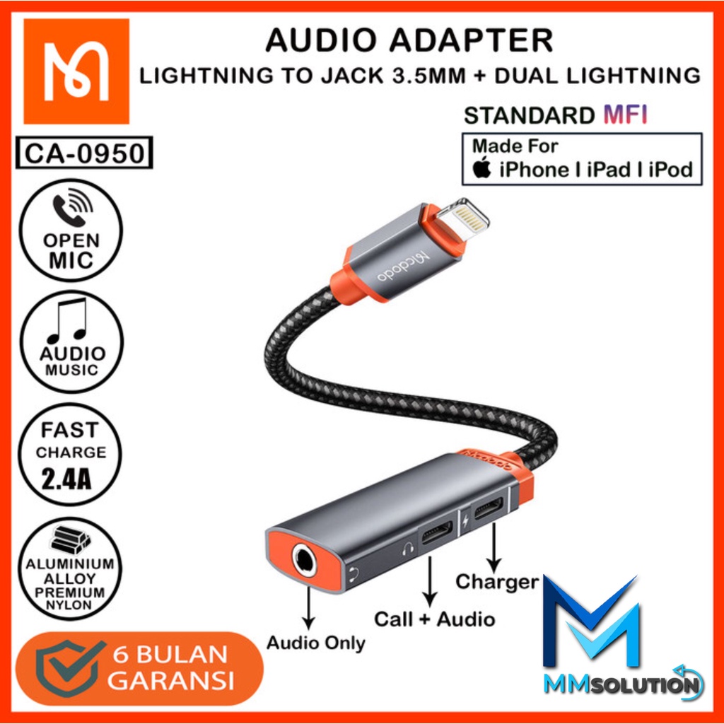 MCDODO CA-0950 Converter Splitter IPHONE + Jack 3.5MM + Dual Lightning