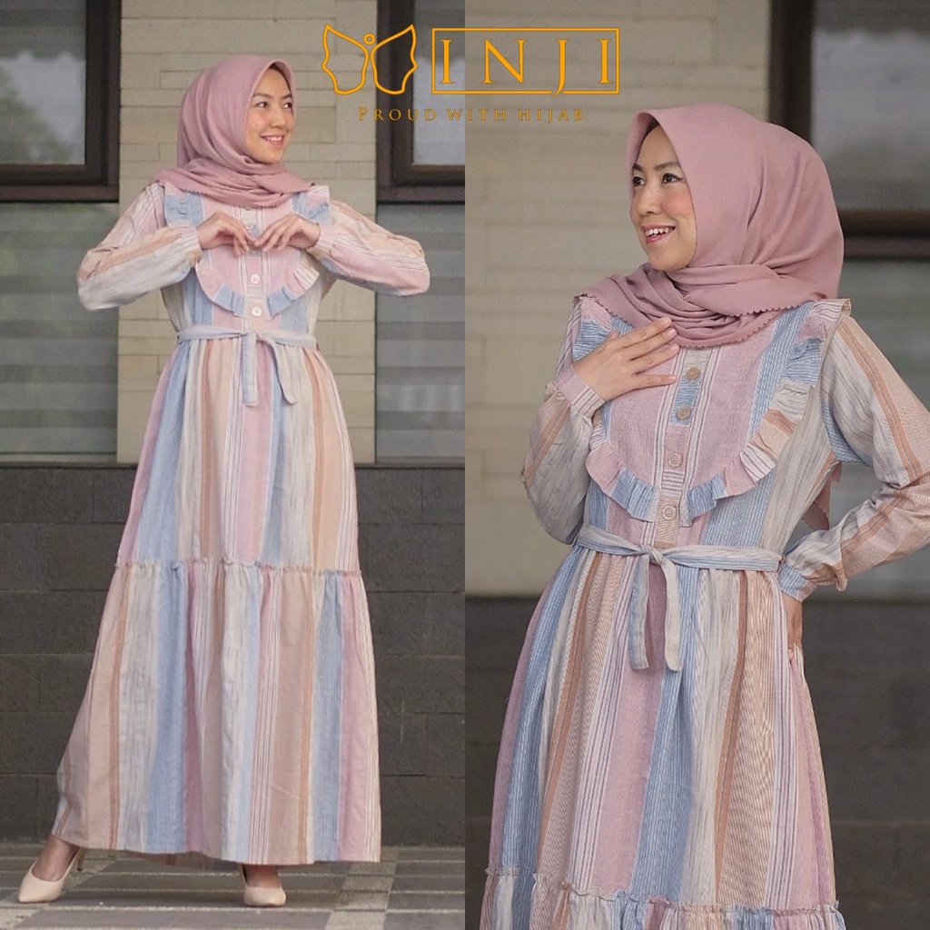 YURI By INJI, Dress Maxy Maxi Motif Garis Salur Multi Warna Bahan Katun Adem Nyaman Dipakai Busui Ka
