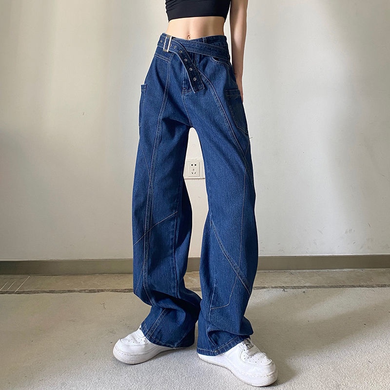 Red IAMHOTTY design sense corns waist buckle high street style jeans women show high personality fried street casual straight trousers