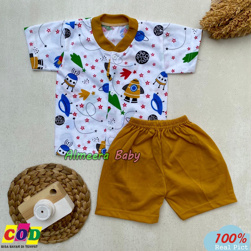 Setelan Baju Bayi Piyama Bayi Lengan Pendek Kancing Depan Motif Laki Laki Usia 3-12 Bulan Almeera Baby and Kids