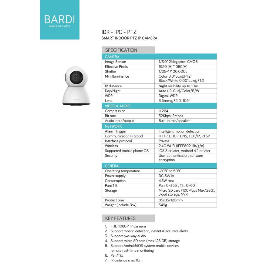 BARDI Smart Indoor PTZ IP Camera CCTV Wifi IoT Home Automation