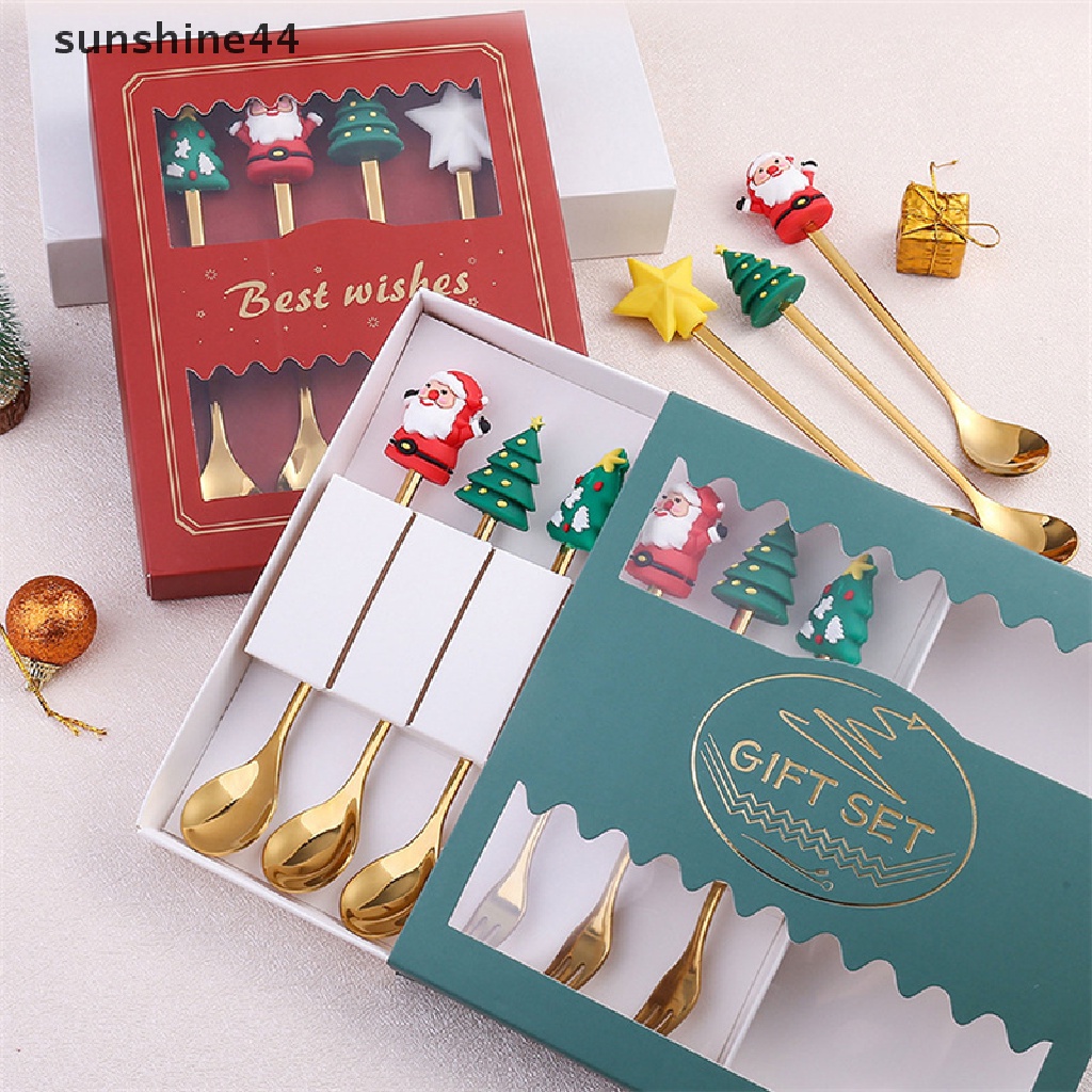 Sunshine Set Sendok + Garpu + Pisau Makan Bentuk Pohon Natal / Rusa Untuk Dekorasi / Hadiah