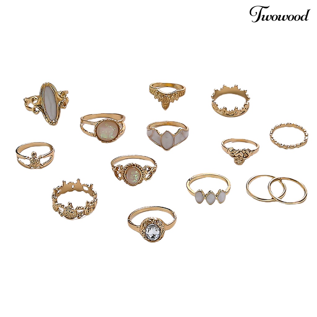 14pcs Cincin Knuckle Model Hollow Stackable Bahan Alloy Aksen Permata Imitasi Gaya Etnik