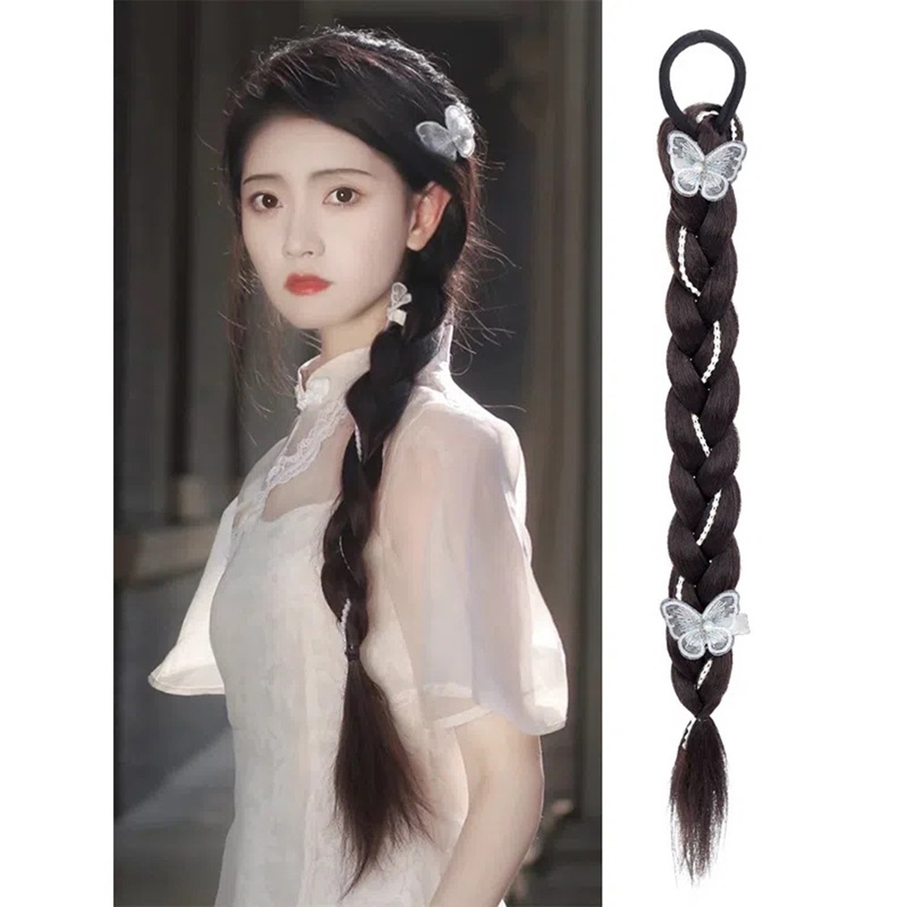 1pc Wig Rambut Ekstensi Model Kepang Ekor Kuda Dengan Jepit Kupu-Kupu Gaya Hip Hop Punk Untuk Wanita Butterfly