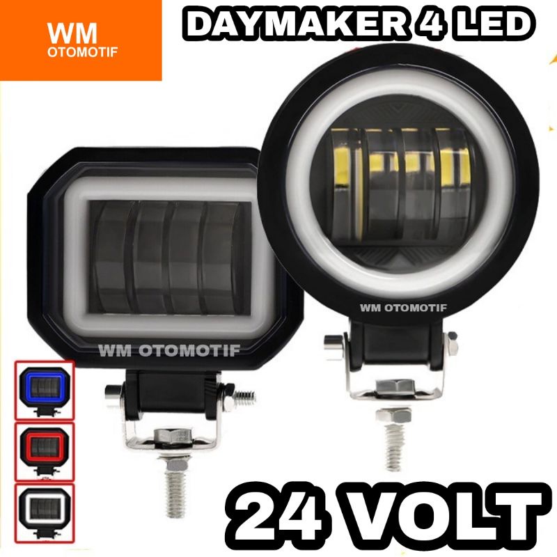 Lampu Tembak Sorot LED CWL 24 Volt Truk Bus Fuso Daymaker Mini 4 Mata Angel Eye 4D Lens Depan Tronton Canter Box L300 6D Truck Bis Motor Mobil Bulat Kotak Angle Eyes Offroad Cutoff Pabrik Alat Berat Kontener Biru Merah Putih 24 V Worklight Light Bar Cree