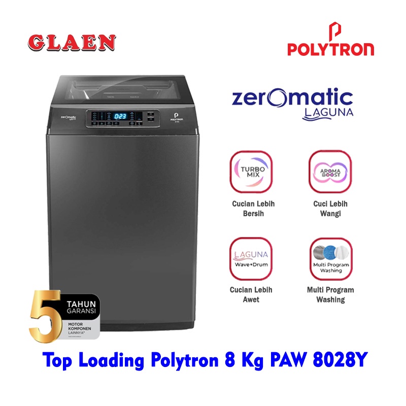 Mesin Cuci Otomatis Polytron 8 Kg PAW-8028Y | Top Loading Polytron Zeromatic Laguna 8 Kg