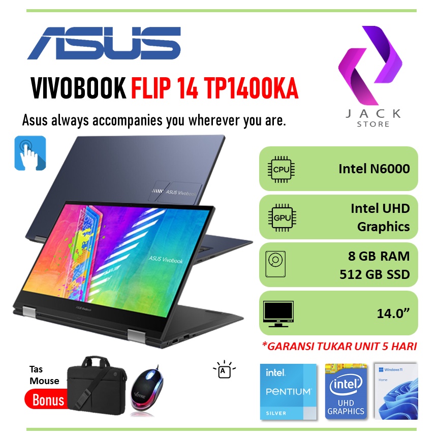 Jual Asus Vivobook Flip 14 Tp1400ka Touch 2in1 Intel N6000 Ram 8gb 512ssd Win11 Ohs 140 Inch 7405