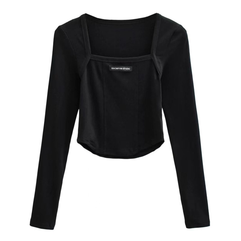 Suhao Fishbone Bahu Depan Lengan Panjang T-shirt Wanita 2022 Musim Gugur Baru Retro Slim Fit Slim Gaya Barat Bawahan Kemeja Murni Keinginan Atas