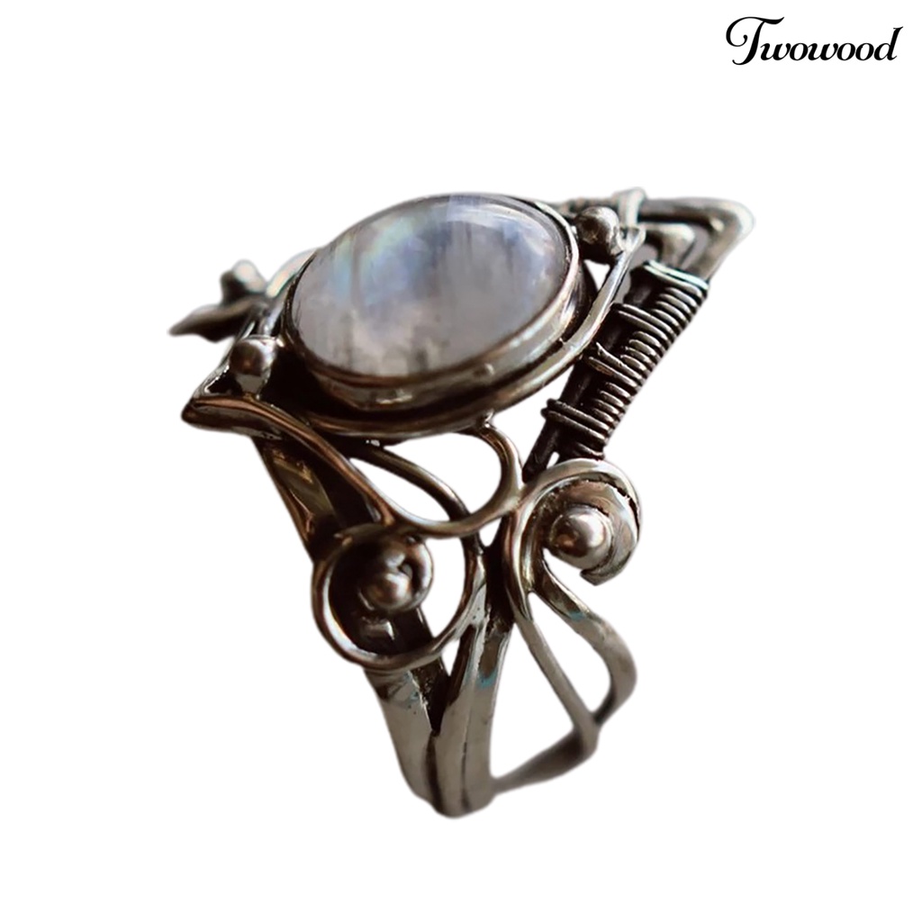 Cincin Model Hollow Aksen Batu Bulan Warna Silver Gaya Punk Untuk Wanita