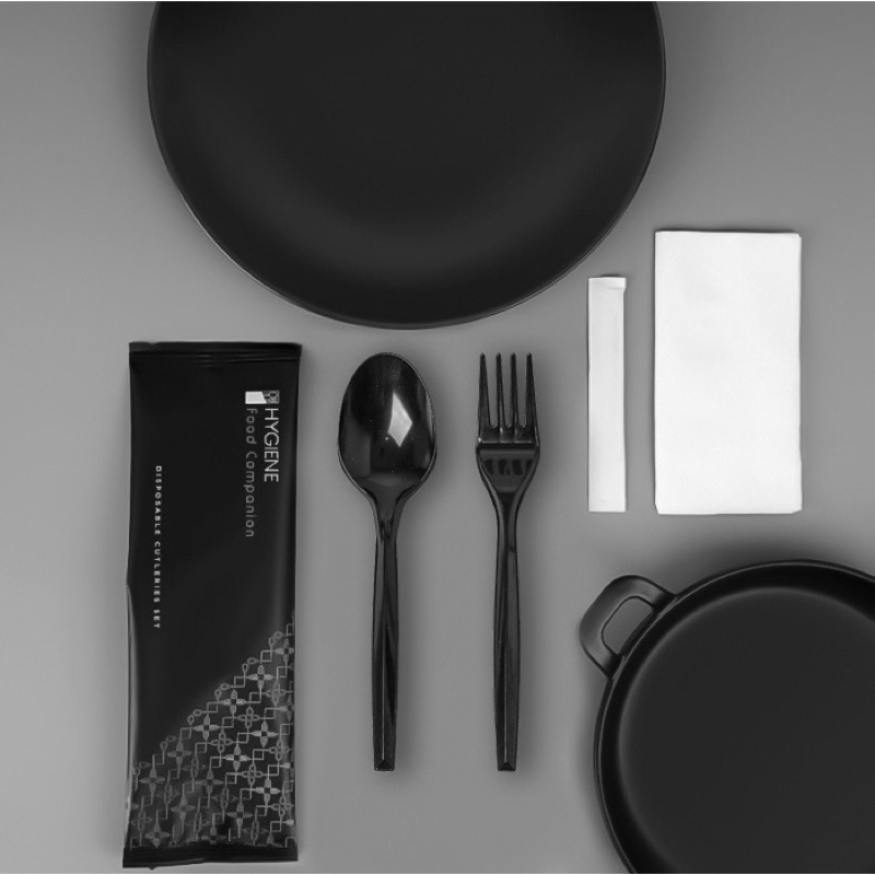 set sendok plastik, garpu plastik, tissue , tusuk gigi HITAM HYGIENE PREMIUM sendok garpu set hitam