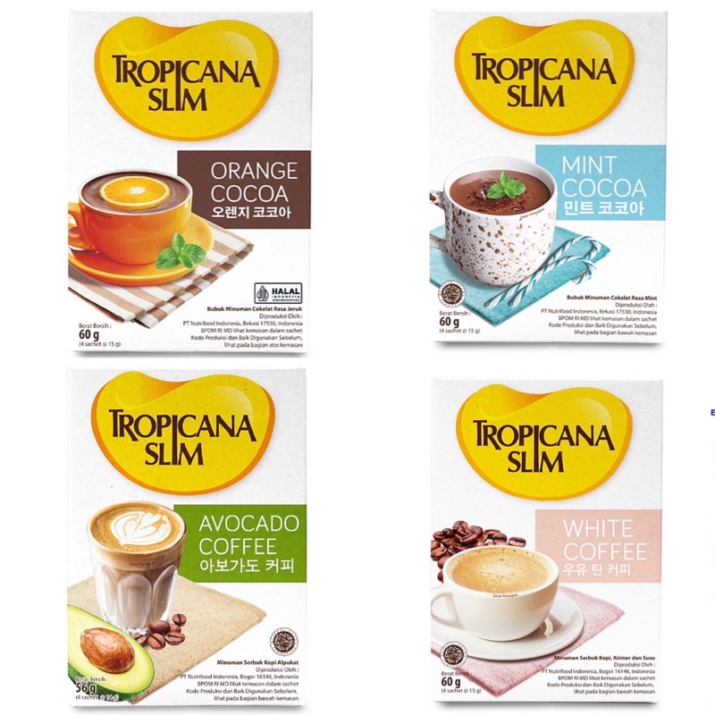 

Tropicana / Slim / 4 / Sachet / White / Avocado / Coffee / Mint / Orange / Cocoa / Kopi / Susu / Tanpa / Gula / Pasir / Minuman / Cokelat / jeruk