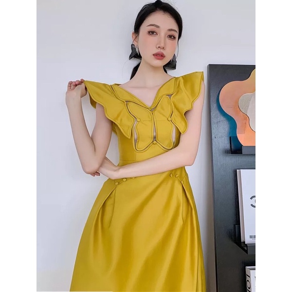 [Premium Series] 3D Butterfly Yellow Dress Import Premium ( Dress Kondangan Kupu Kupu )